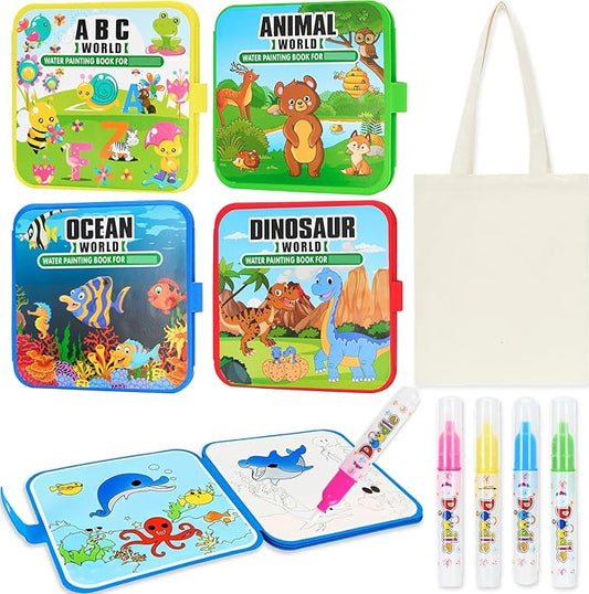 Bafeil 4 Pack Reusable Water Coloring Book Set with Water Pens and Canvas Bag, No Mess Water Painting Books, Animal Ocean Dinosaur Themes, Travel Coloring Activity