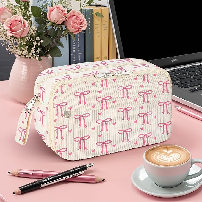 WOBAGMEN Cute Pencil Case,Large Corduroy Zippered Pencil Case Pouch, aesthetic Pencil Bag with Compartments, Pencil Pouch School Supplies (pink bow)