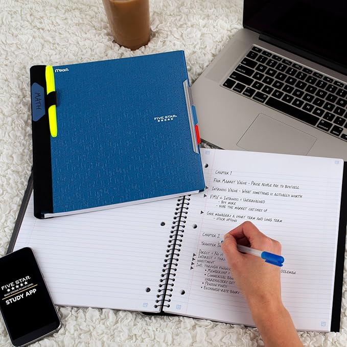Five Star Advance Spiral Notebook + Study App, 3 Subject, College Ruled Paper, 8-1/2" x 11", 150 Sheets, Spiral Guard, Movable Tabbed Dividers, Pacific Blue (73138)
