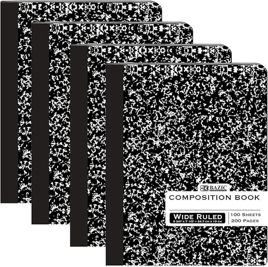 BAZIC Products Wide Ruled Composition Book, 100 Sheets, Black Marble