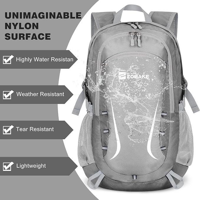 ZOMAKE Lightweight Packable Backpack 35L, Foldable Backpacks Water Resistant Collapsible Light Daypack for Hiking(Silver Grey) | Light Hiking Backpacks Water Resistant Collapsible Day Pack for Travel, Everyday Carry, Multi-Pocket Layout, Heavy Duty Nylon
