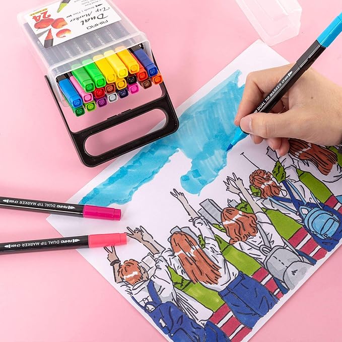 Markers for Kids,Washable Markers With Stand Portable Box,Dual Tip Set, Brush & Fine Tips, 24 Pack, Art Supplies for Coloring, Doodling, Sketching, Drawing, Journaling