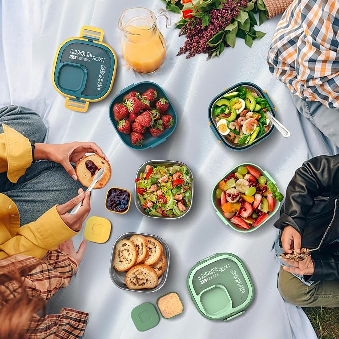 PEDECO Single-Layer Bento Lunch Box for Kids & Adults with Removable Stainless Steel Lunch Container,Dressing Container,BPA-Free,Dishwasher Safe - Includes Utensil(Green,Not Insulated)