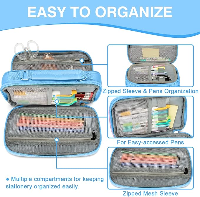 VASCHY Pencil Case, Aesthetic Kawaii Large Pencil Pouch Stationary Pencil Bag/Box for Preppy Middle School College Students, Pen Organizer Holder School Supply Blue