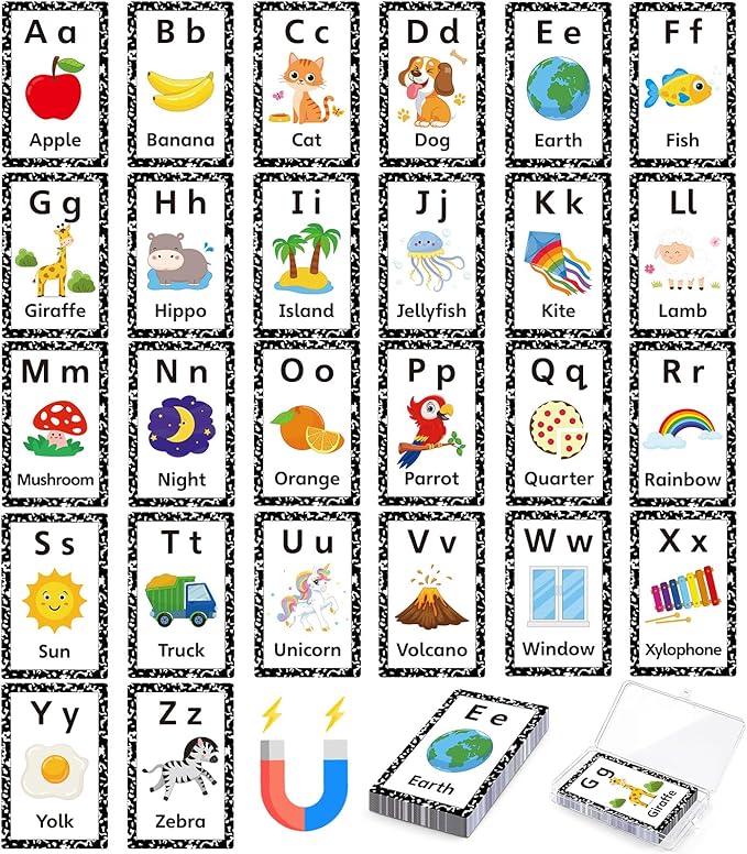 Epakh 26 Pcs Magnetic Alphabet Flash Cards with Storage Box 26 A - Z Letters for Kids, Preschool, ESL, Montessori Learning, Educational Gift for Toddlers, Classroom(Classical)