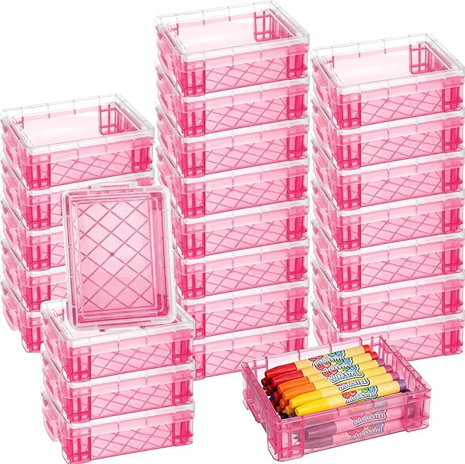 Suzile 25 Pcs Plastic Crayon Boxes with Snap Lids Crayon Storage Organizer Stackable Container Bulk Pencil Case for Pen Crafts Classroom Supplies(Pink)
