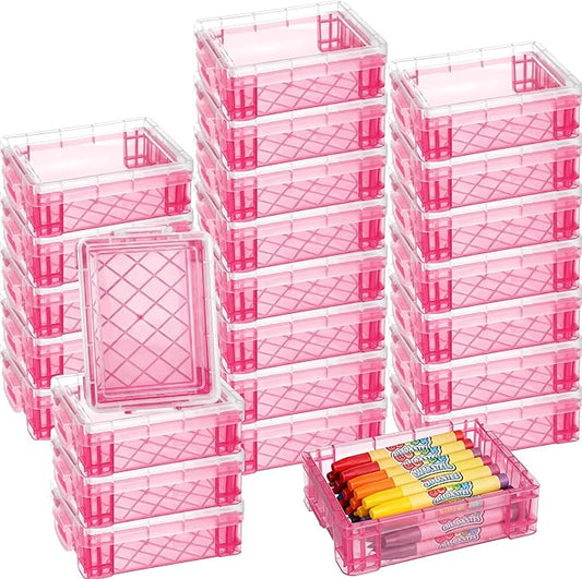 Suzile 25 Pcs Plastic Crayon Boxes with Snap Lids Crayon Storage Organizer Stackable Container Bulk Pencil Case for Pen Crafts Classroom Supplies(Pink)