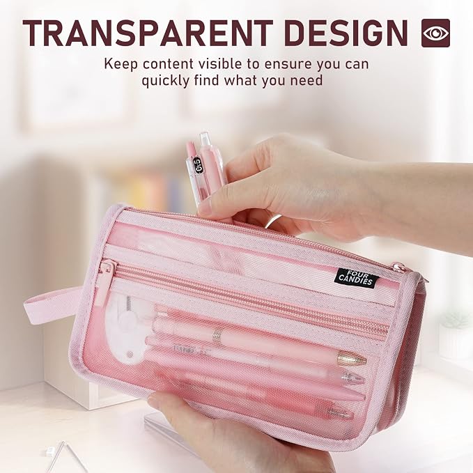 Four Candies Grid Mesh Pencil Case, Clear Double-layer with Handle (Pink) | Smooth Zipper, Transparent Pencil Pouch, Cute Stationary, Makeup Bag, Travel Friendly, for Adult Office College