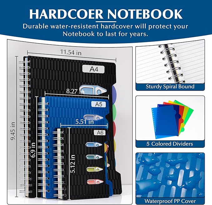 CAGIE 5 Subject Notebook with Dividers, 240 Pages Spiral Notebook 5x7, Small Spiral Notebook Journals for Women Men,100gsm Lined Journal Notebooks with Tabs for Work, School,Office, Note Taking, Blue