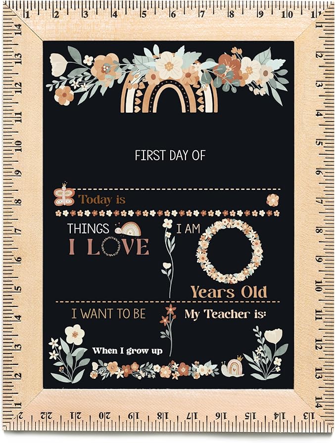 First Day of School Sign (11.5"x15"), Reusable Chalkboard, Easy to Clean with Real Wooden Ruler Frame, Perfect for Back to School, First Day of Kindergarten (Boho Garden)