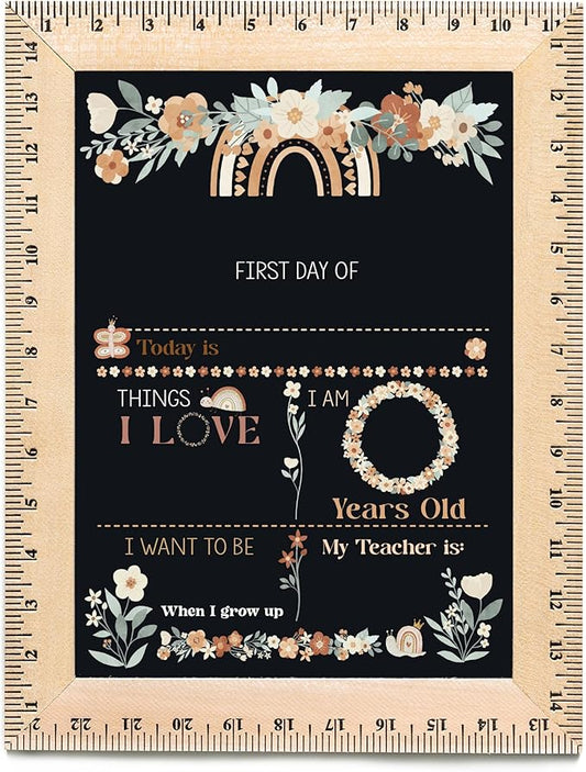 First Day of School Sign (11.5"x15"), Reusable Chalkboard, Easy to Clean with Real Wooden Ruler Frame, Perfect for Back to School, First Day of Kindergarten (Boho Garden)