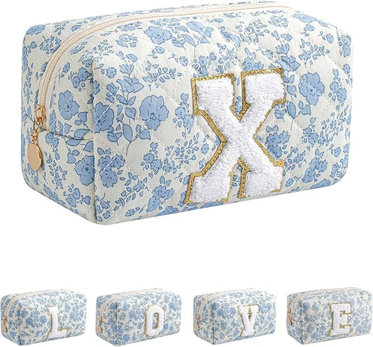 JOVAKIT Alphabet Makeup Bag Cosmetic Bag for Women, Christmas Gifts for Girls Age 6-18, Floral Flowers Coquette Travel Toiletry Zipper Make Up Pouch Organizer Trendy Stuff (Blue Floral X)
