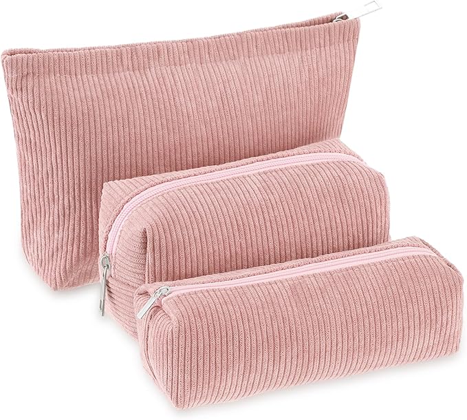 Huhumy 3 Pcs Makeup Bag Set for Women Corduroy Cosmetic Pouch Aesthetic Smile Travel Toiletry Bag Cute Purse Pouch Pencil Case Makeup Brushes Storage Organizer with Zipper(Pink,Solid Style)