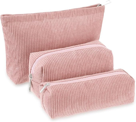 Huhumy 3 Pcs Makeup Bag Set for Women Corduroy Cosmetic Pouch Aesthetic Smile Travel Toiletry Bag Cute Purse Pouch Pencil Case Makeup Brushes Storage Organizer with Zipper(Pink,Solid Style)