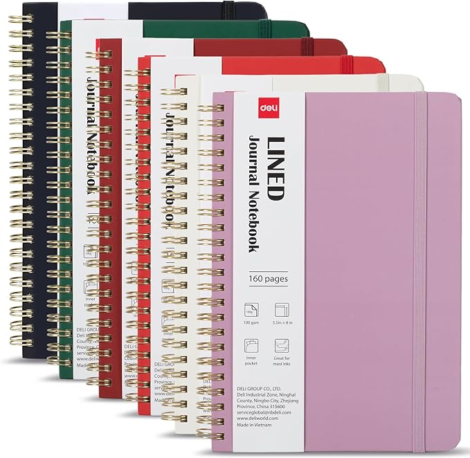 deli 6 Pack Lined Spiral Journal Notebook, 160 Pages, A5 (5.5"x8") Hardcover Writing Notebook, College Ruled Spiral Bound Journal for Women & Men - Perfect for Work, School, Office & Note Taking
