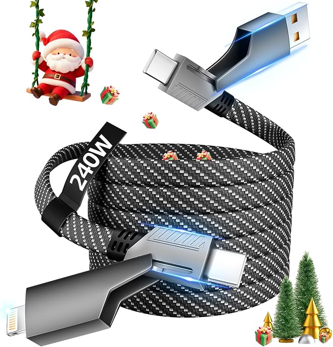 USB C Cable, 240W MAX 4 in 1 Charging Cable 5FT with E-Mark Chip, Fast Charging USB A/C to C/Lightning Cable for iPhone 17/16/15/14/13 Series, Pad/Android/Tablets/Car and More, iPhone Charger Cord