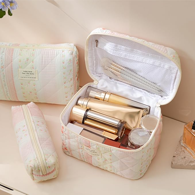 HBselect Quilted Makeup Bag, 3Pcs Cotton Large Travel Makeup Bags Organizer | Cute Floral Make up Bag Cosmetic Bag Toiletry Bag for Women Girls, Makeup Pouch for Skincare, Brushes & Travel Essentials
