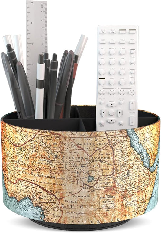 Round Leather Art Supply Organizer,Remote Control Holder,360 Degree Rotating,Multi-Functional Pencil Holder,4 Compartments Desktop Stationary Organizer(1-Vintage Map)