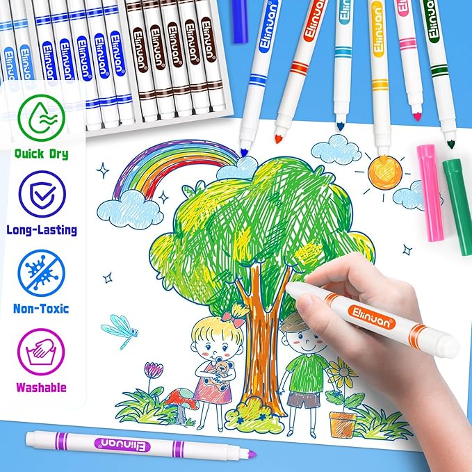 Ellinjan 200 Count Washable Markers Bulk, 10 Assorted Colors, Fine Line Colored Marker with Conical Tip, Washable Markers for Kids, School Art Supplies, Classroom Essentials for Students Teachers