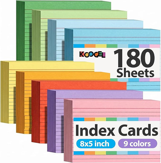 Koogel 180PCS Large Colored Index Cards, 5x8 Inch Lined Index Neon Colored Flash Cards with Both Sides Notecards for Back To School Studying School Classroom Note Taking Recipes Supplies