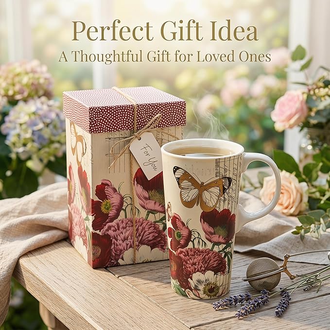 Topadorn 17 oz Ceramic Coffee Mug with Lid and Gift Box, Large Floral Coffee Cup with Handle, Porcelain Tea Mug for Women, Butterfly Design for Home Office