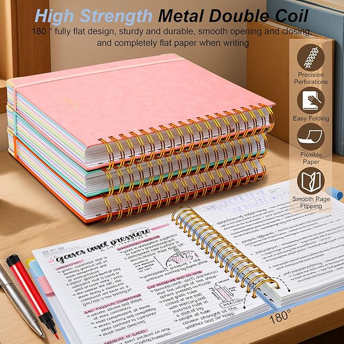 Hardcover Spiral Notebook 6.2"x 8.2" Journal Notebook with Tabs and Removable Dividers 300 Pages 5 Subject Notebook College Ruled, Faux Leather Spiral Bound Notebook for Women School Work(Lake Blue)