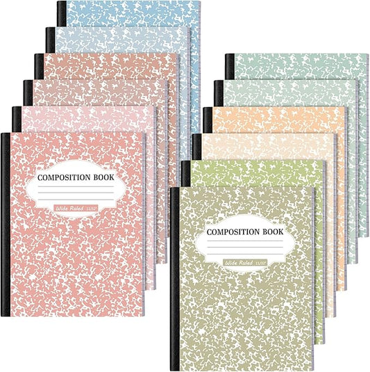 Colarr 12 Pack Wide Ruled Composition Notebook 9.75 x 7.5 Inch Marble Paper Composition Books Assorted Fun Colors Office School Notebook, Hard Cover, Sturdy Sewn Binding (Earthy Color)