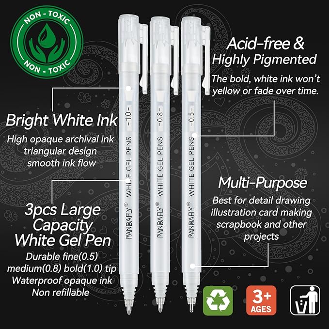PANDAFLY White Gel Pens, 0.5/0.8/1.0mm Assorted Fine Medium Bold Tips, Opaque Archival White Ink Pens for Black Paper, Art Drawing, Journaling, Highlighting, DIY Crafts, Holiday Gifts, 3 Pack