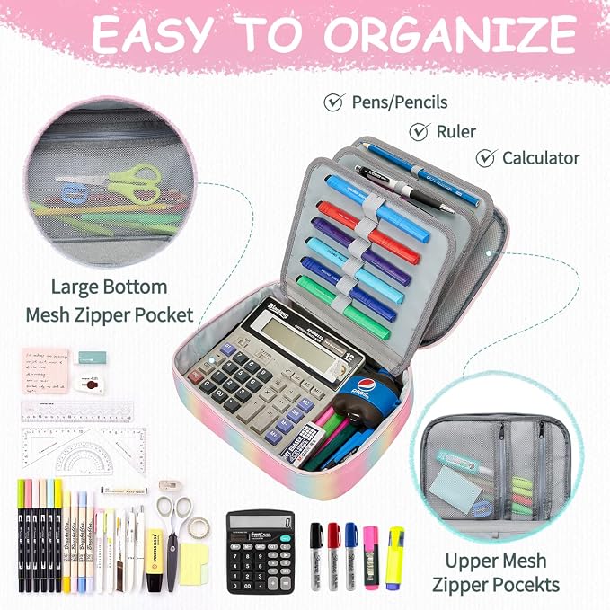 VASCHY Large Pencil Case Bag, Art Supply Marker Organizer Big Pen Pouch with Detachable Layers Slots Multiple Zipper Pockets for Kids Adults School Office Gilter Unicorn
