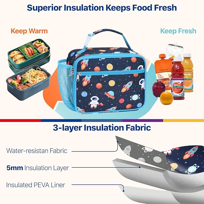 Bagseri Kids Lunch Bag Boys - Thermal Insulated Lunch Box Tote with Water Bottle Holder, Reusable Leak-Proof Kids Lunch Box for Daycare & School, Dark Blue Space Astronaut (Containers Not Included)