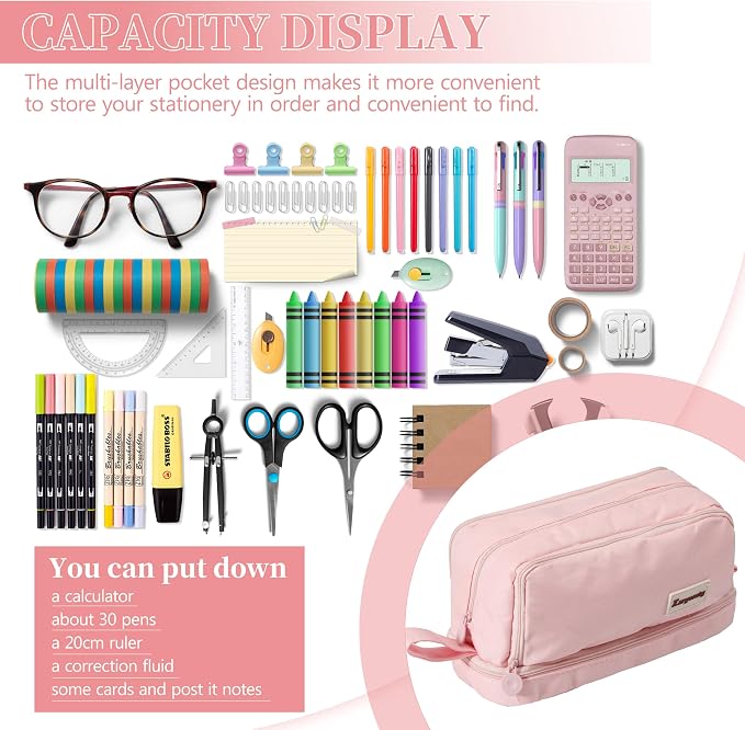Zzrywuty Pink Large Capacity Pencil Case 4 Compartments,Pencil Pouch with Zipper Portable Handle for Teens Adults Aesthetic Pencil Bag Stationery Organizer Pen Pencil Case with Handle for School