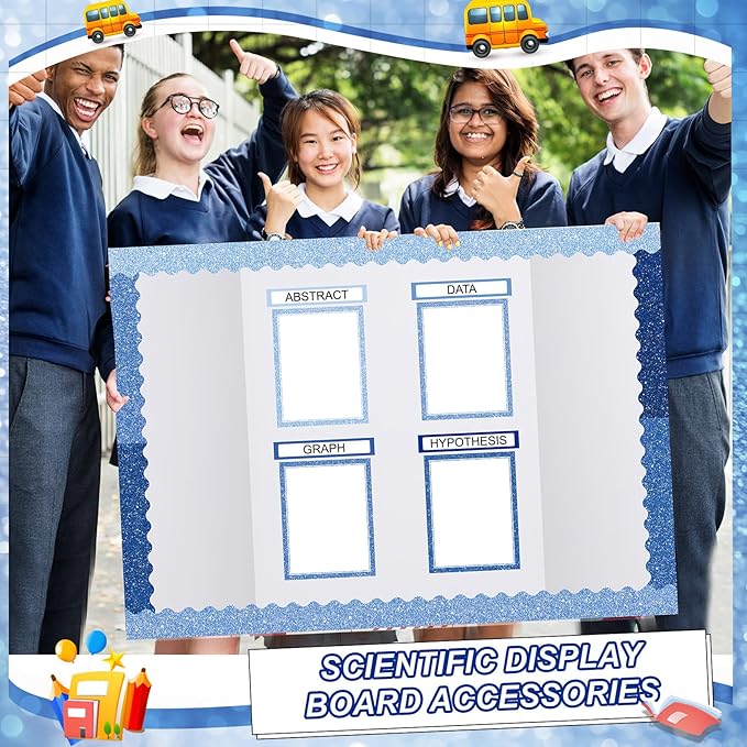 Fuyoooo 90 Pcs Science Fair Board Supplies 60 Trim Scalloped Bulletin Borders 24 Presentation Board Subtitles 6 Science Fair Titles for Classroom Display Boards(Glitter,Blue)