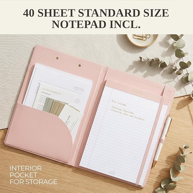 Aesthetic Clipboard Folio with Refillable Lined Notepad & Interior Pocket – Cute Padfolio/Legal Pad Holder for Women – Easily Organize Notes at Work, School, or Home