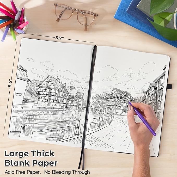 Blank Notebook, 5 Pack Hardcover Sketch Book, Large Blank Journal, No Bleed Thick Paper Sketchbook for Drawing, Unlined Notebook Journal for Women Men School, A5 Leather Sketchbook, Lay Flat, 5.7x8.5