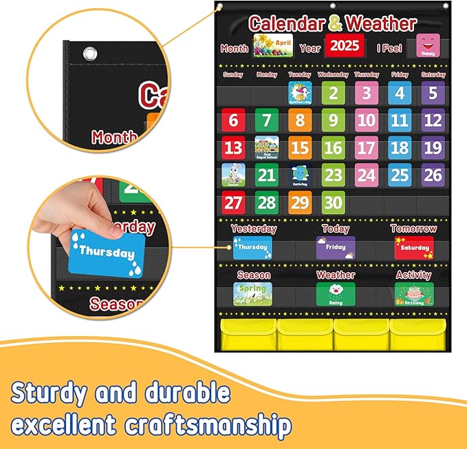 Calendar and Weather Pocket Chart for Kids Learning, Large 44.5”x28” Homeschooling Calendar Pocket Chart with 113 Cards, Teacher and Back to School Supplies