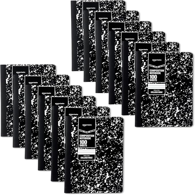 Amazon Basics Composition Notebook, College Ruled, 100 Sheets, 9.75" x 7.5", Marble Black, 12-Pack