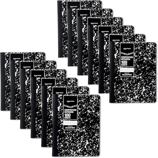 Amazon Basics Composition Notebook, College Ruled, 100 Sheets, 9.75" x 7.5", Marble Black, 12-Pack