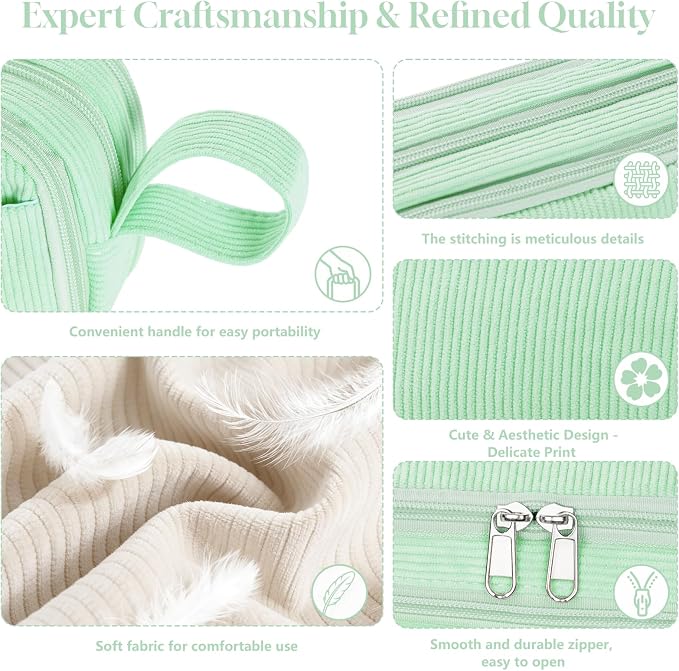 Corduroy Pencil Case, Large Capacity Pencil Pouch with 4 Compartments, Cute Soft Aesthetic Stationery Pen Bag Organizer with Zipper, Portable School Supplies for Teen and Adult Girls, Mint Green