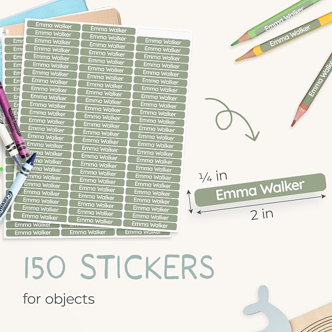 Personalized Kids Name Labels for Pencils Green [150pcs] - Waterproof Name Stickers for School & Daycare - Pencil Custom Name Stickers - Children Name Stick On Labels for Pens (2.0”x0.3”)