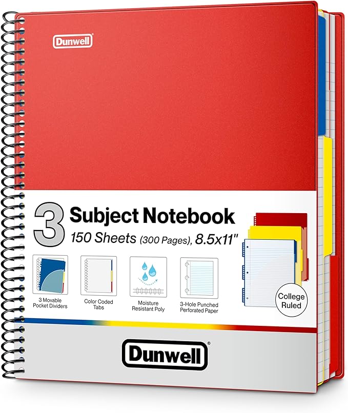 Dunwell 3-Subject Spiral Notebook College Ruled 8.5x11 (Red), 150 Sheets (300 Pages), Tabs, Color Movable Divider Pockets, Protective Plastic Covers, 3-Hole Punched Tear-Off Paper
