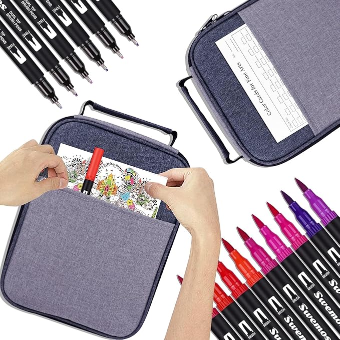 Swemos Markers for Adult Coloring Book, 72 Colors Art Markers Set Dual Tip Brush Pen, Coloring Markers Fine Point Artist Drawing Paintings Diaries Journaling Art projects Art Supplies with Case