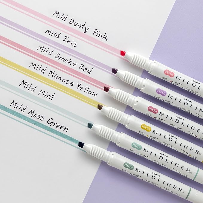 Zebra Pen Mildliner Dual-Tip Highlighter Marker Set, Broad and Fine Point Tips, No Bleed, Ideal for Bible Highlighting, Journaling, School and Office Supplies, Assorted Mild Colors, 6-Pack (78906)