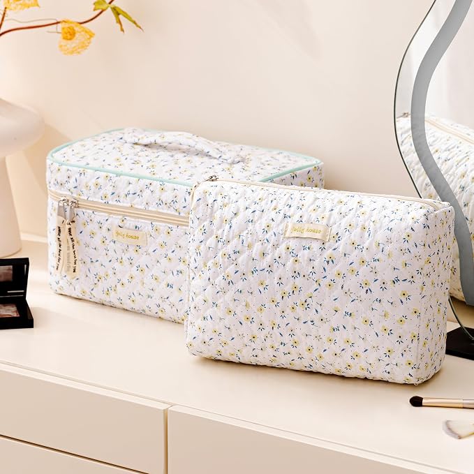 HBselect Quilted Makeup Bag, 3Pcs Cotton Large Travel Makeup Bags Organizer | Cute Floral Make up Bag Cosmetic Bag Toiletry Bag for Women Girls, Makeup Pouch for Skincare, Brushes & Travel Essentials