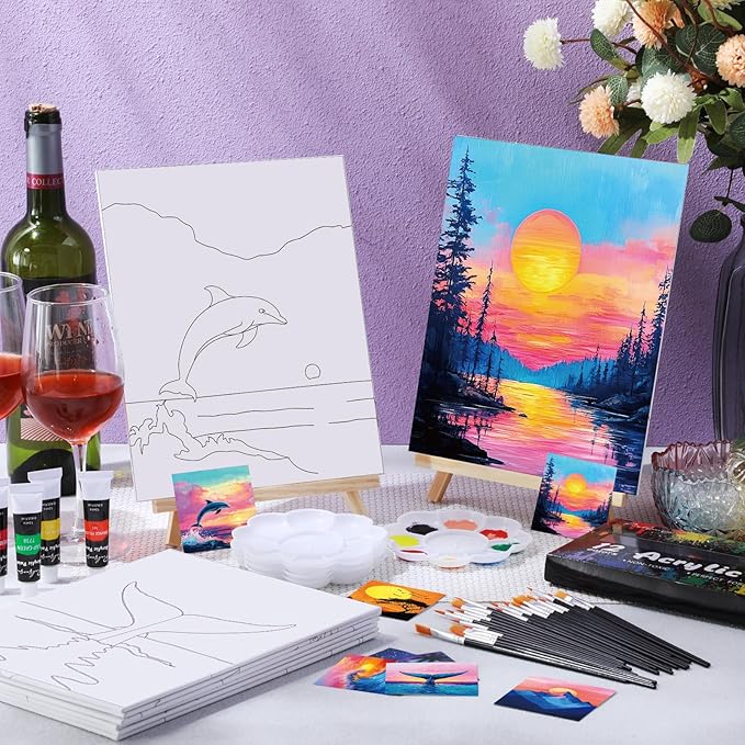 Cholemy 36 Pcs Paint and Sip Kit for Adults 8''x10'' Pre Drawn Canvas for Painting DIY Afro Acrylic Painting Kit Wood Easel Brushes Date Night Bulk for Father's Day Party Gifts(Sunset Style)