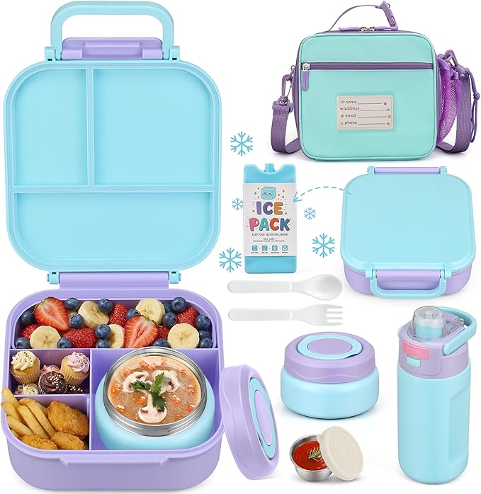 Bento Lunch Box for Kids with 7oz Soup Thermo,Insulated Stainless Steel Kids Water Bottle with Straw and Insulated Lunch Bag,Leak-Proof Lunch Food Container with Ice Pack for School (Purple)