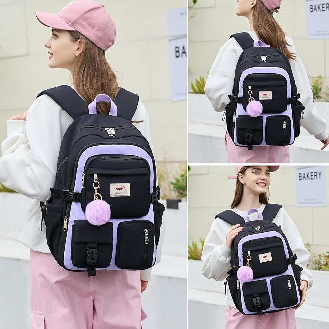 LXYGD Laptop Backpack 15.6 Inch Kids Elementary Middle High School Bag College Backpacks Anti Theft Travel Back Pack Large Bookbags for Teens Girls Women Students (Black Purple)