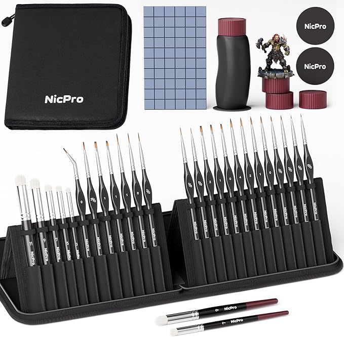 Nicpro Professional Miniature Painting Kit - 25PCS Miniature Paint Brushes Drybrush with Magnetic Painting Handle, Model Paint Brushes for Miniatures, Model, Craft, Acrylic Painting, with Nylon Bag