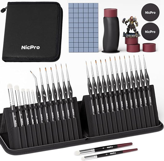 Nicpro Professional Miniature Painting Kit - 25PCS Miniature Paint Brushes Drybrush with Magnetic Painting Handle, Model Paint Brushes for Miniatures, Model, Craft, Acrylic Painting, with Nylon Bag