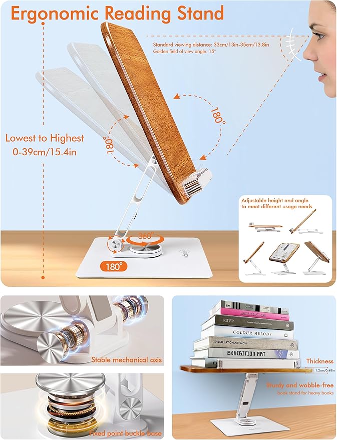 Book Stand for Reading, Adjustable Ergonomic Book Holder with 360° Rotating Base, Rubberwood Panel Cookbook Stand, Elastic Clips, for Laptop Textbooks Sheet Music Recipe Magazines Tablets.