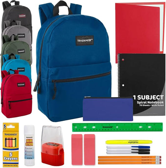 Trail maker 24 Pack Bulk Backpacks with Stationary Supplies - Wholesale Backpack and Stationary Kits (Classic Colors Pack)